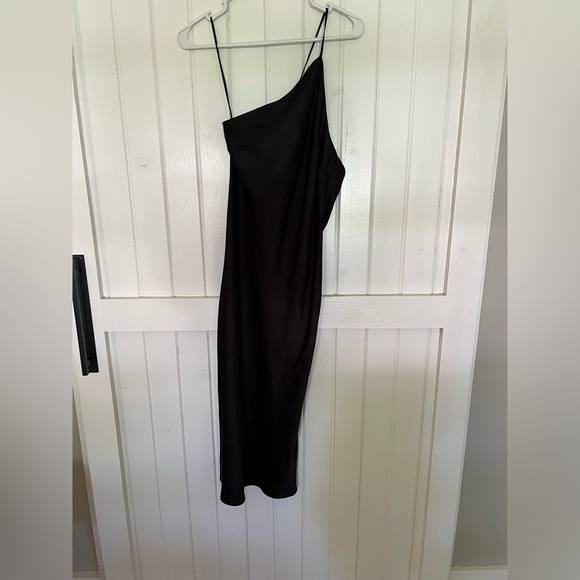 Express Black Satin Cross Back One Shoulder Slip Dress - Picture 5 of 9